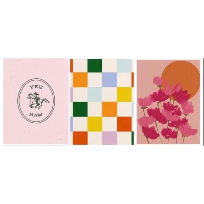 Quadros Decorativos Estilo Cowboy Yee Haw Xadrez Colorido Flower Sun (3 peças)