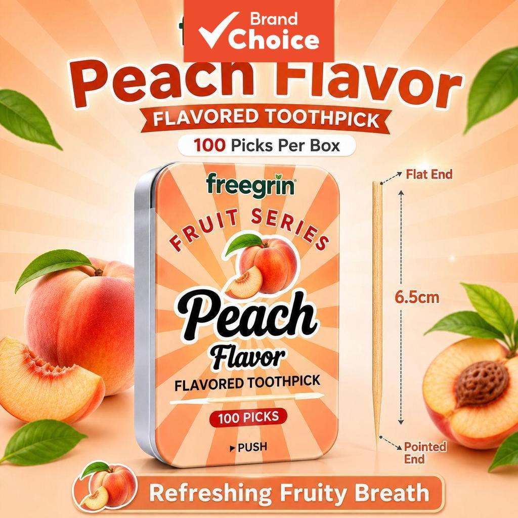 Freegrin Palito Dental Sabor Pêssego, 100 Unidades em Caixa de Metal com Tampa Push-Open, Palitos de Bétula para