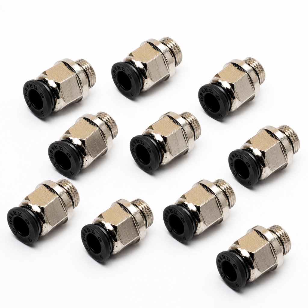 Kit 10 Conector Pneumático Macho Push-In Metal Preta Rosca BSP Ar Comprimido 6mm a 12mm