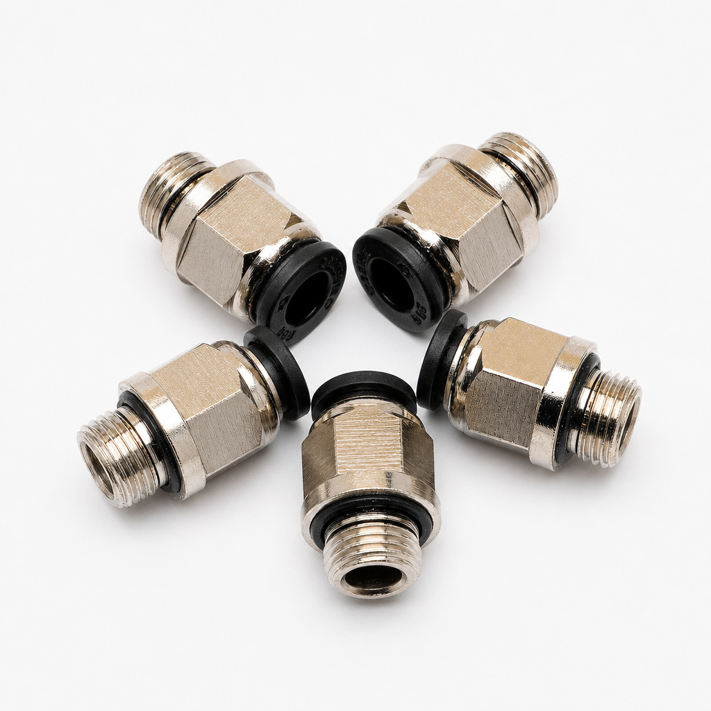 Kit 5 Conector Pneumático Macho Push-In Metal Preta Rosca BSP Ar Comprimido 6mm a 12mm