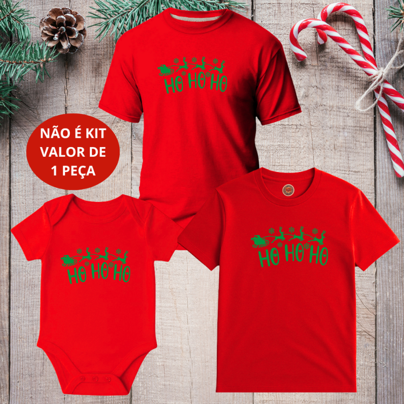 Monte seu kit Camiseta Adulto, Infantil e Body Bebê Unissex Natal Merry Christmas HO HO HO Verde NÃO É KIT - 1 PEÇA