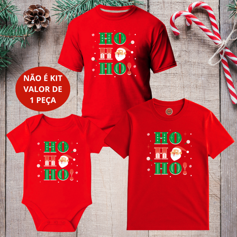 Monte seu kit Camiseta Adulto, Infantil e Body Bebê Unissex Natal Merry Christmas HO HO HO NÃO É KIT - 1 PEÇA