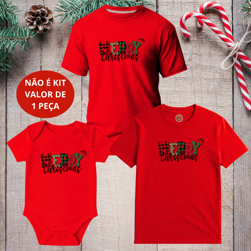 Monte seu kit Camiseta Adulto, Infantil e Body Bebê Unissex Natal Merry Christmas NÃO É KIT - 1 PEÇA
