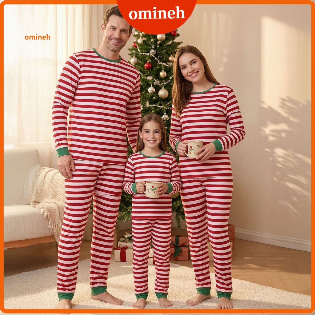 Unisex Holiday Loungewear Family Matching Outfits Christmas Pajamas Sets – White Striped Long Sleeve Sleepwear for Adu