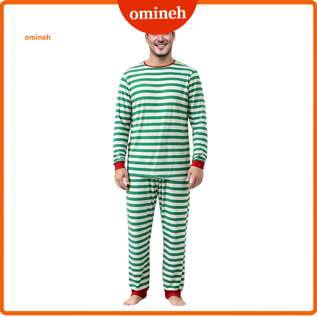 Breathable Polyester Loungewear Warm Holiday Pajamas for Parents Kids Matching Family Set Green White Striped Christmas
