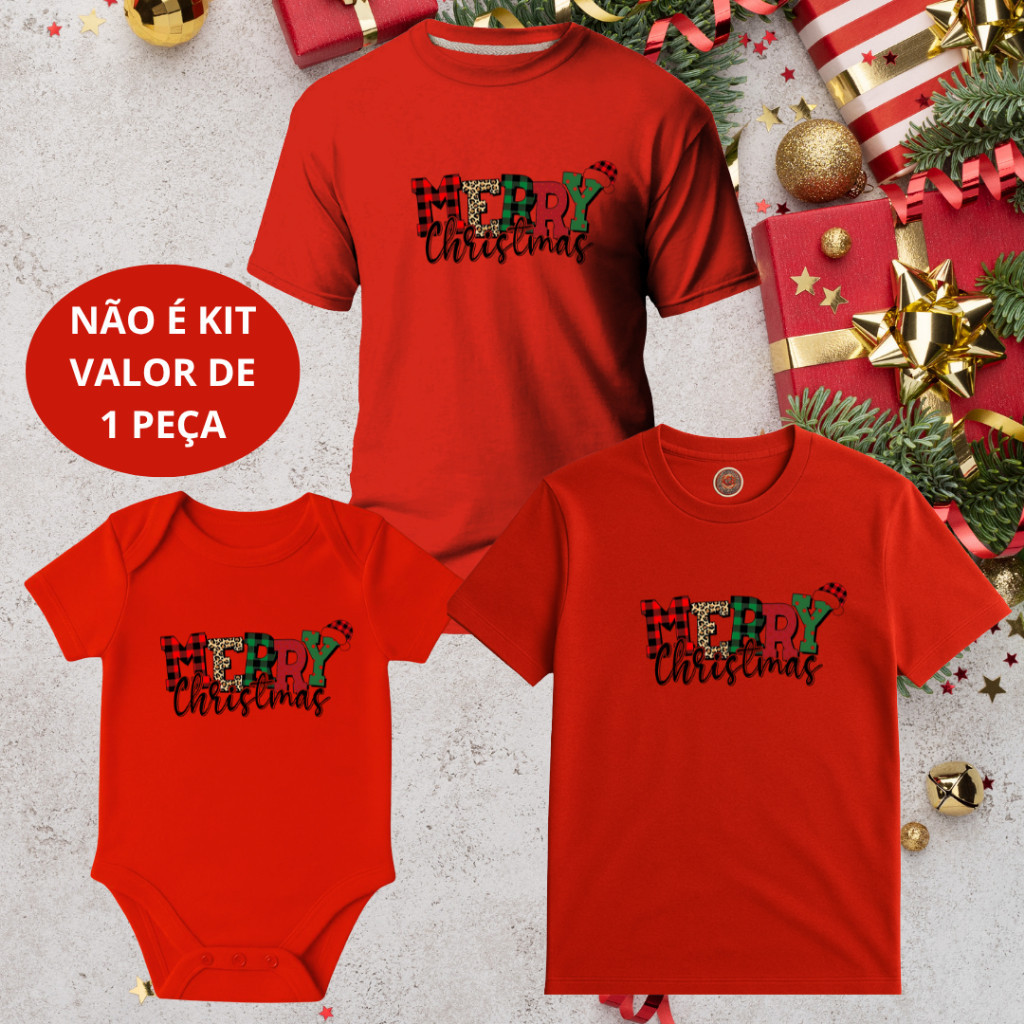 Monte seu kit  - Camiseta Adulto Infantil e Body Bebe Unissex Natal Merry Christmas Xadrez NÃO É KIT 1 peça
