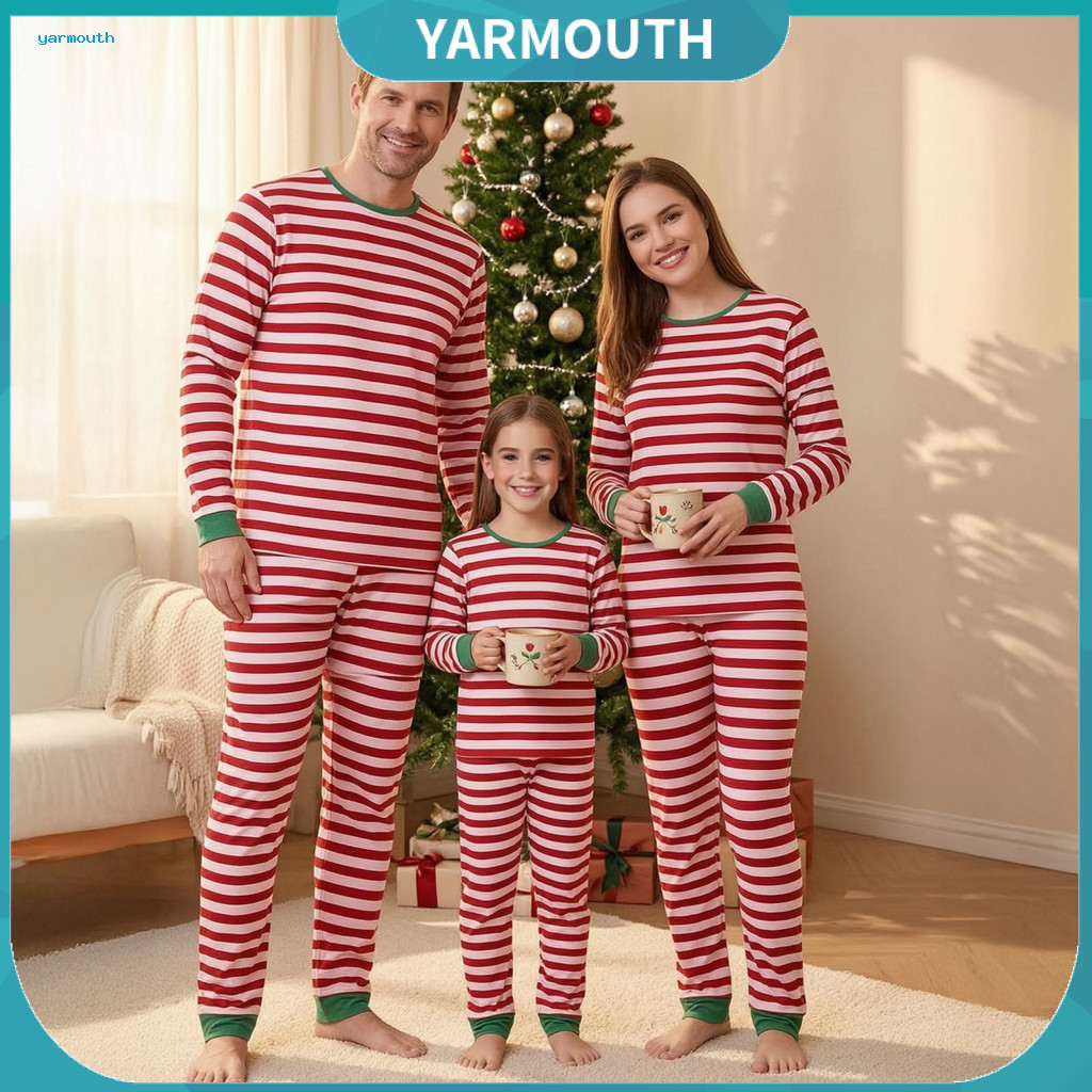 Parent Child Matching Sets Family Christmas Pajamas – White Striped Holiday Long Sleeve Sleepwear for Adults for Festi