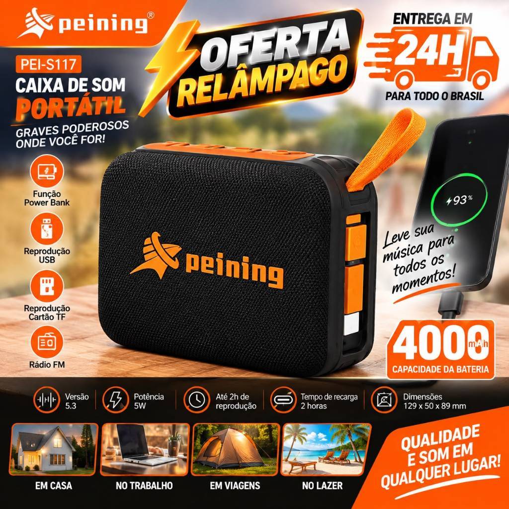 Caixa de Som Bluetooth Portátil  Power Bank 5W 4000mAh Rádio FM USB