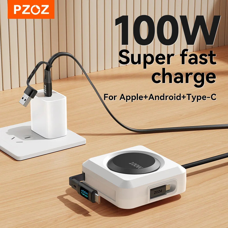 Cabo Retrátil PZOZ com Display Digital PD 100W USB-C para USB-C, Cabo de Carregamento Rápido e Transferência de Dados pa