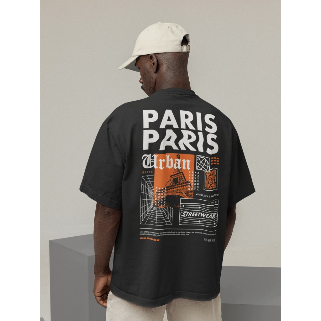 Camisa Camiseta Oversized Gola Alta Streetwear Masculino e Feminino 100% Algodão Preto e Off Whte Estampado- PARIS URBAN