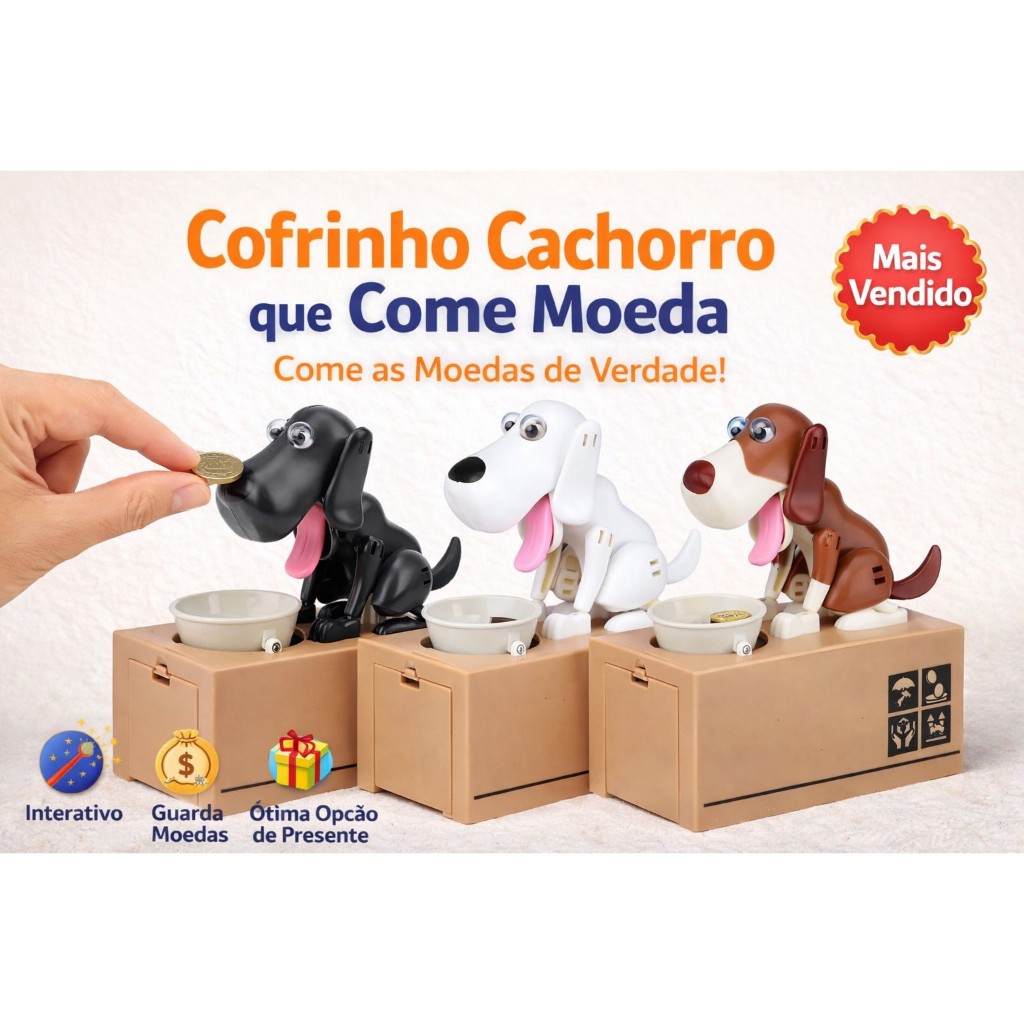 Cofrinho Cachorro que Come Moeda [Marrom-Branco-Preto]