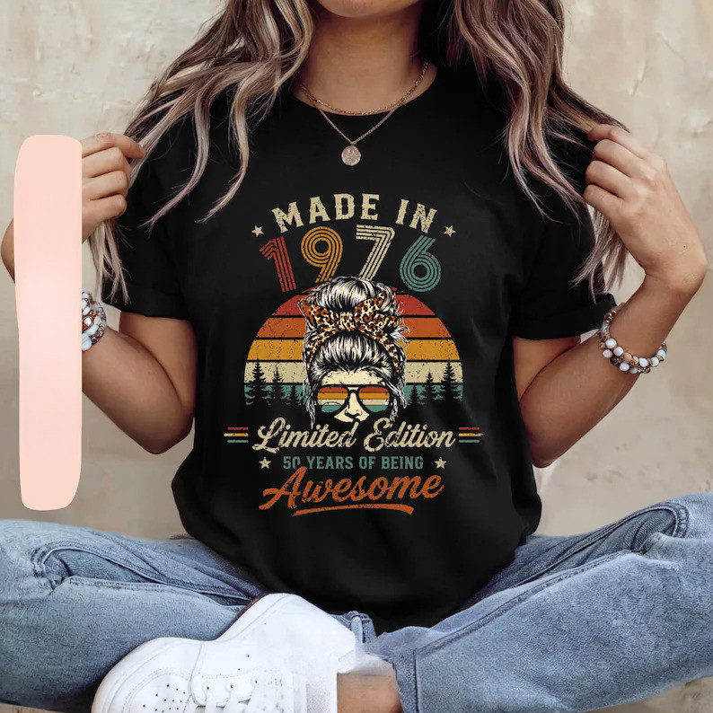 [Camiseta Premium em Algodão Puro]VU 1976 Vintage Birthday Shirt, 50th Birthday Gift for Her Him, Custom Photo Tee