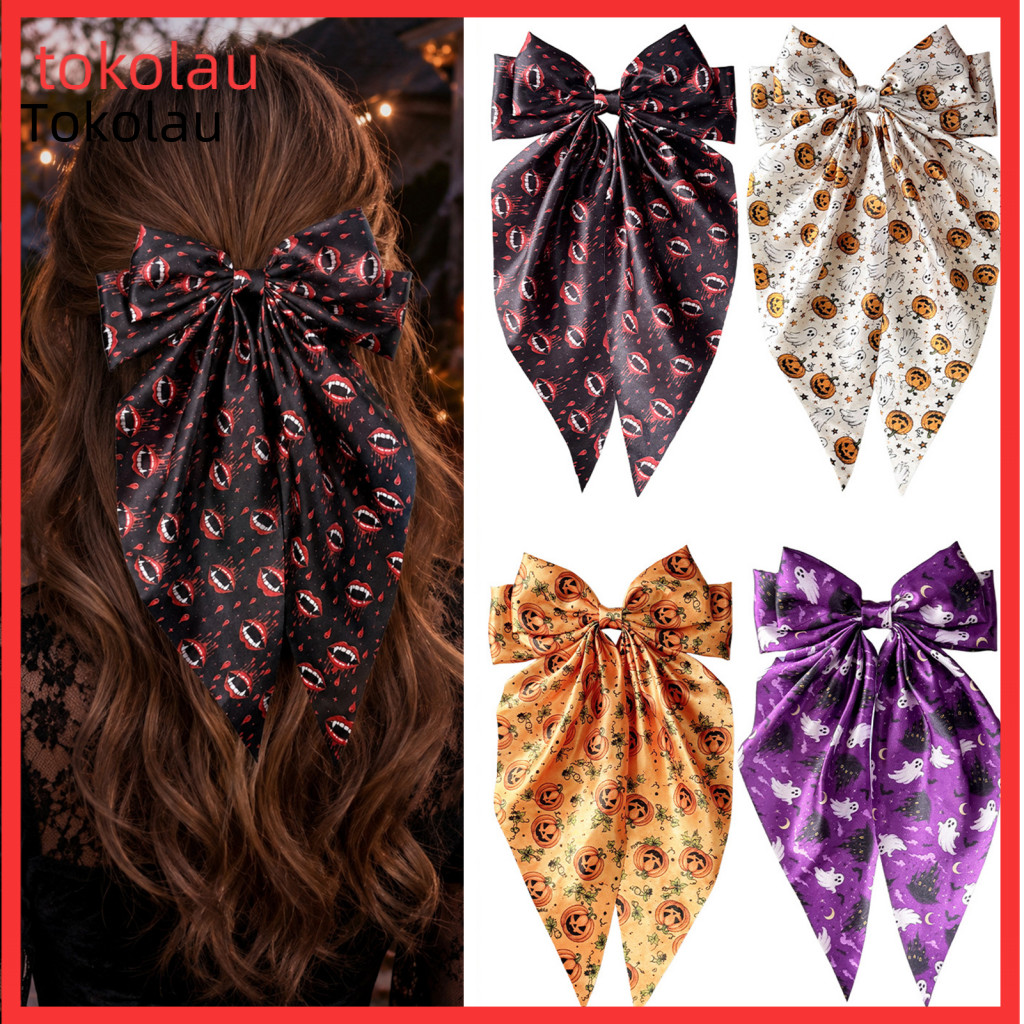 Holiday Costume Hair Accessories Ghost Print Clips Halloween Bows for Women Girls Vintage Ribbon Barrette with Long Tail