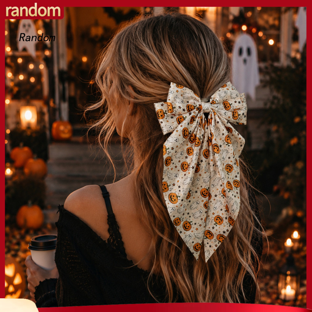 Ghost Print Hair Clips for Long and Medium Halloween Bows for Women Girls Vintage Ribbon Barrette with Tails Pumpkin Blo