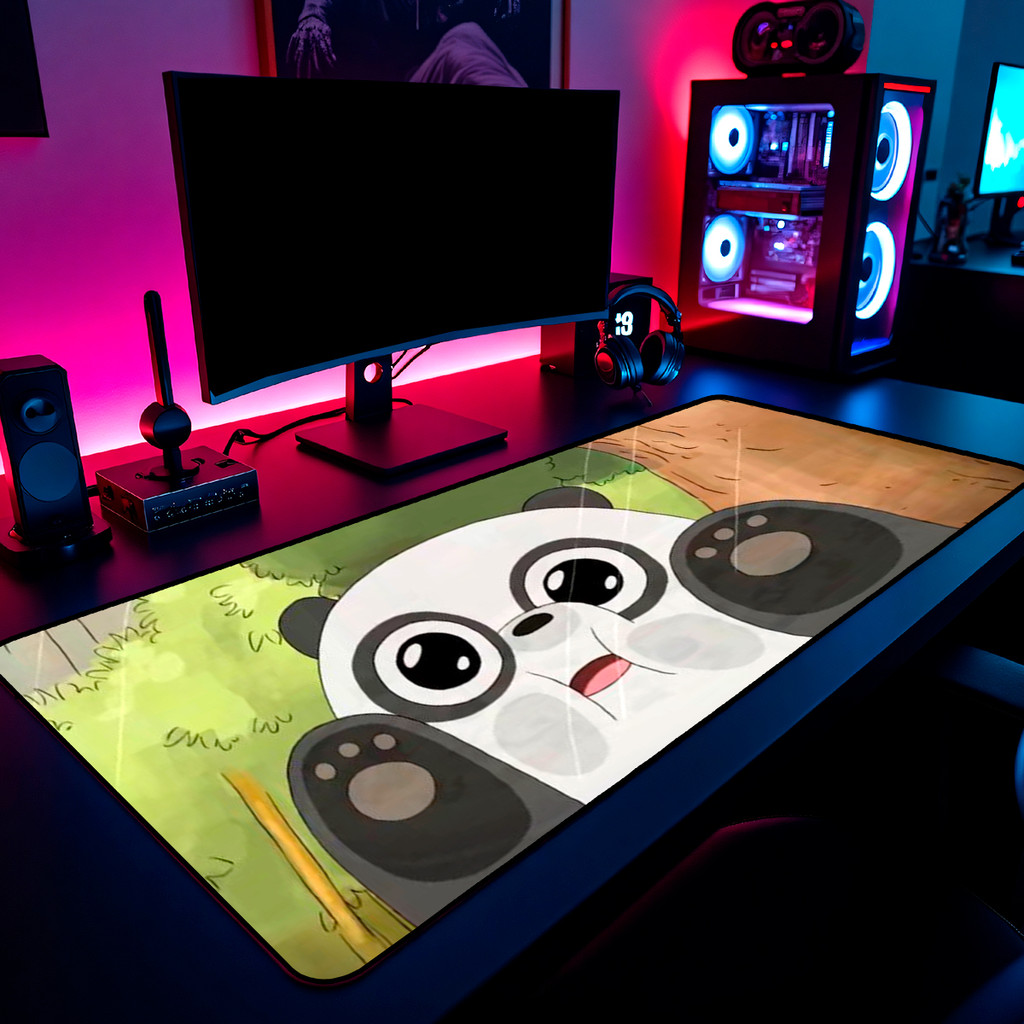 Mouse Pad Gamer Ursos Sem Curso Panda Cartoon 65x30cm 80x40cm 90x50cm 120x60cm Borda Costurada