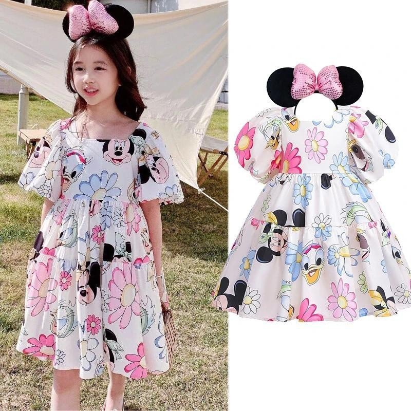 2024 Novos Vestidos Da Minnie Para Crianças Pequenas Mickey Mouse Daisy Cartoon Manga Bufante Estilo Pastoral Coreano .