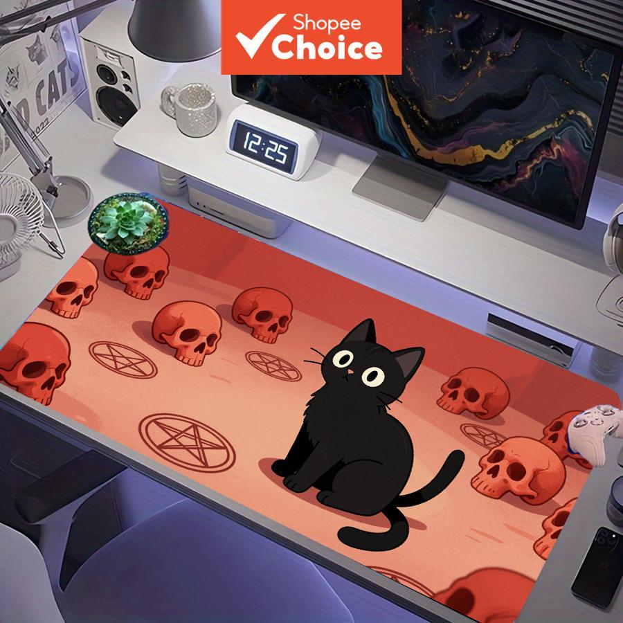 Tapete de mouse para jogos estendido Cartoon Gato Preto Laranja Caveira Pentagrama Bruxa Vermelho Degradê, XXL Grande