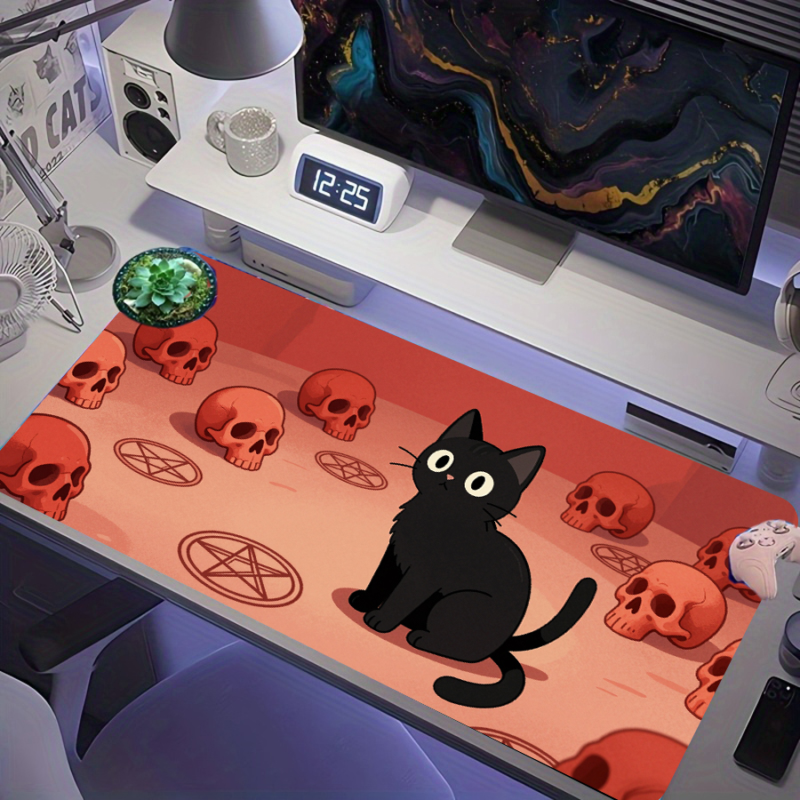 Tapete de rato de jogo grande XXL com fundo de borracha antiderrapante, desenho de gato preto cartoon, caveira laranja,