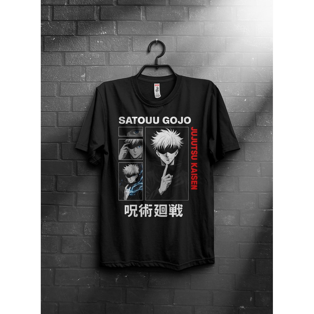 Camisa de Algodão Preta com Estampa de Personagem de Anime Satou Satoru para Ocasiões Casuais
