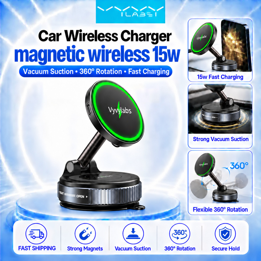 Vyvylabs Suporte Telefone Carro 15W Carregador Sem Fio Sucção Vácuo Magnético Ajustável Navegação