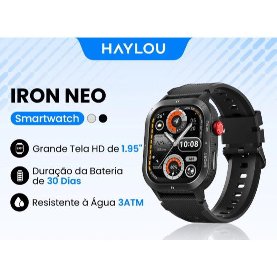 Smartwatch Haylou Iron Neo A Prova D'água IP68 Faz Chamadas Tela HD Bateria Longa Duração Esportivo Android iOS - PRETO