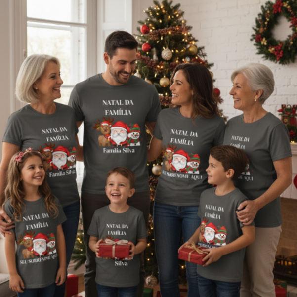 Camisetas Personalizadas Natal da Família (Coloque seu Sobrenome aqui) Merry Christmas Festa Fim de ano