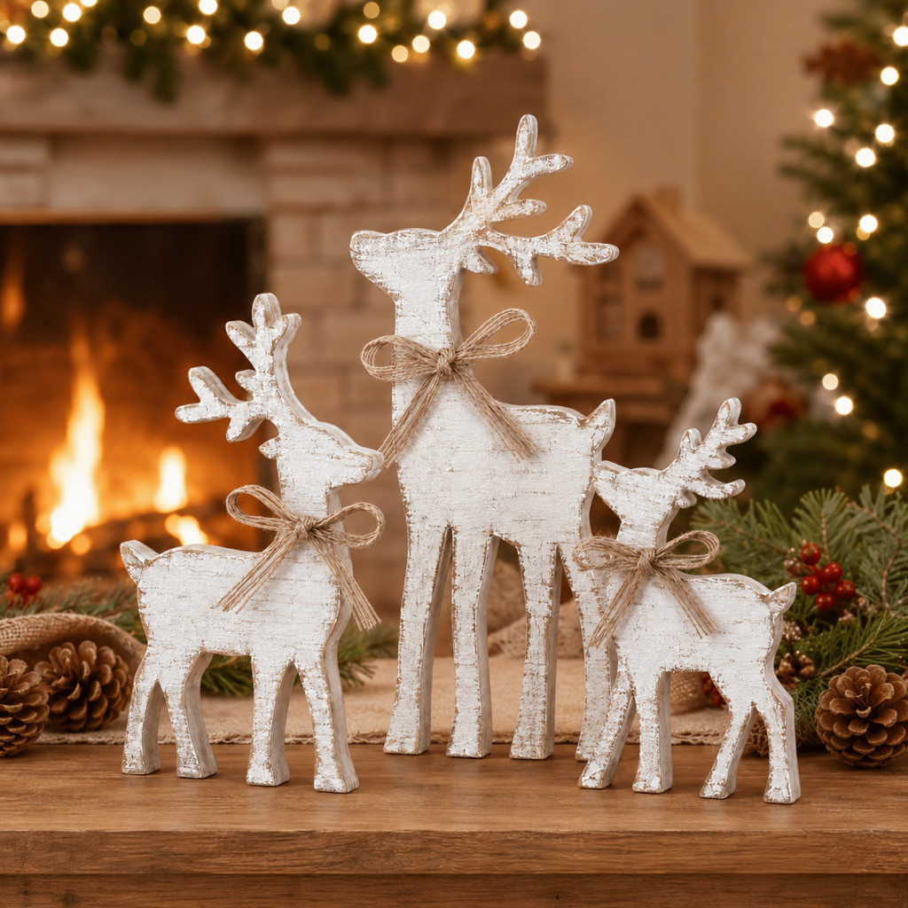 3pcs Wooden Christmas Elk Table Signs Rustic Reindeer Family Decorations with Jute Bow Festive Xmas Holiday Centerpieces