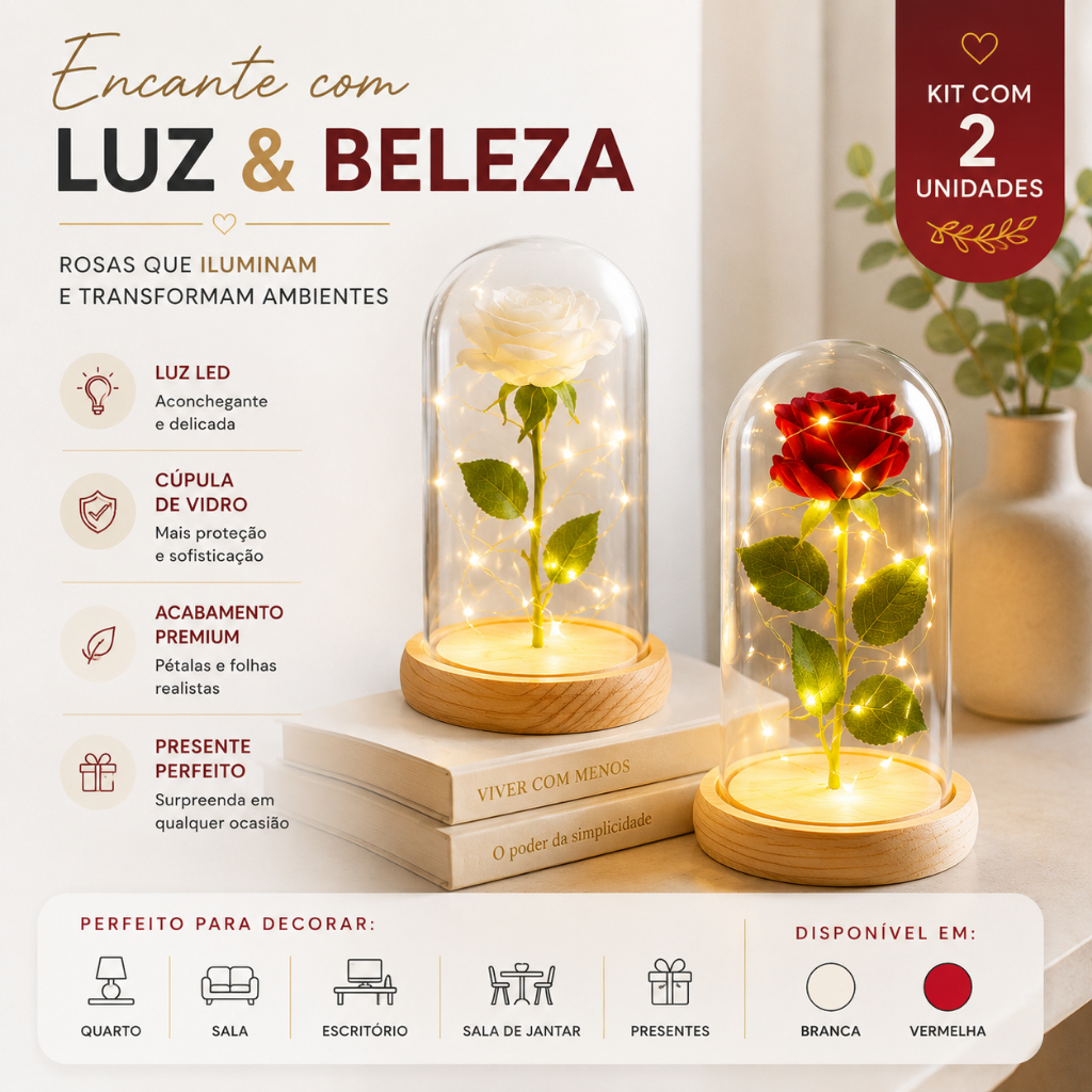 Flor Artificial Na Cúpula Com Led Color Rosa Branca Decoração Luxo