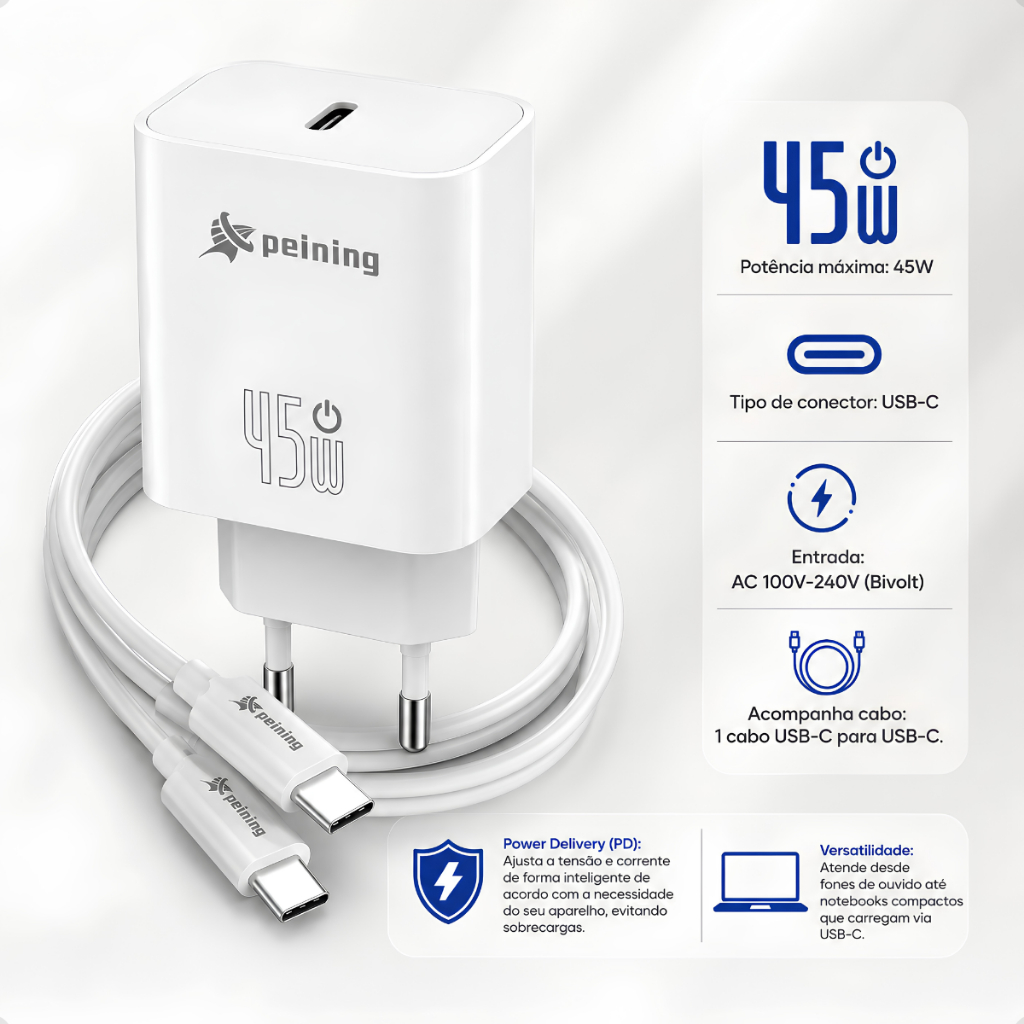 Carregador Turbo 45W Original Peining Com Cabo USB-C Power Delivery Gan Original