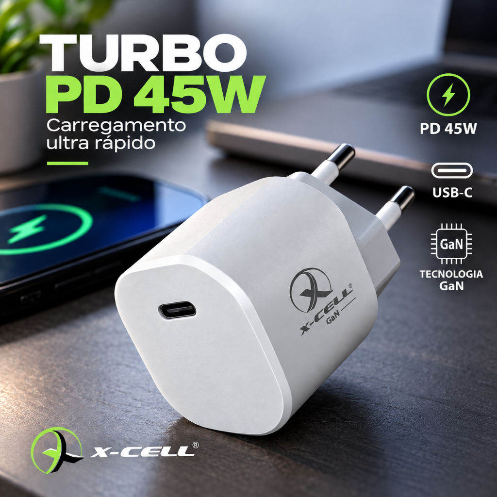 Carregador Turbo X-Cell 45W GaN USB-C PD Carregamento Rápido Bivolt