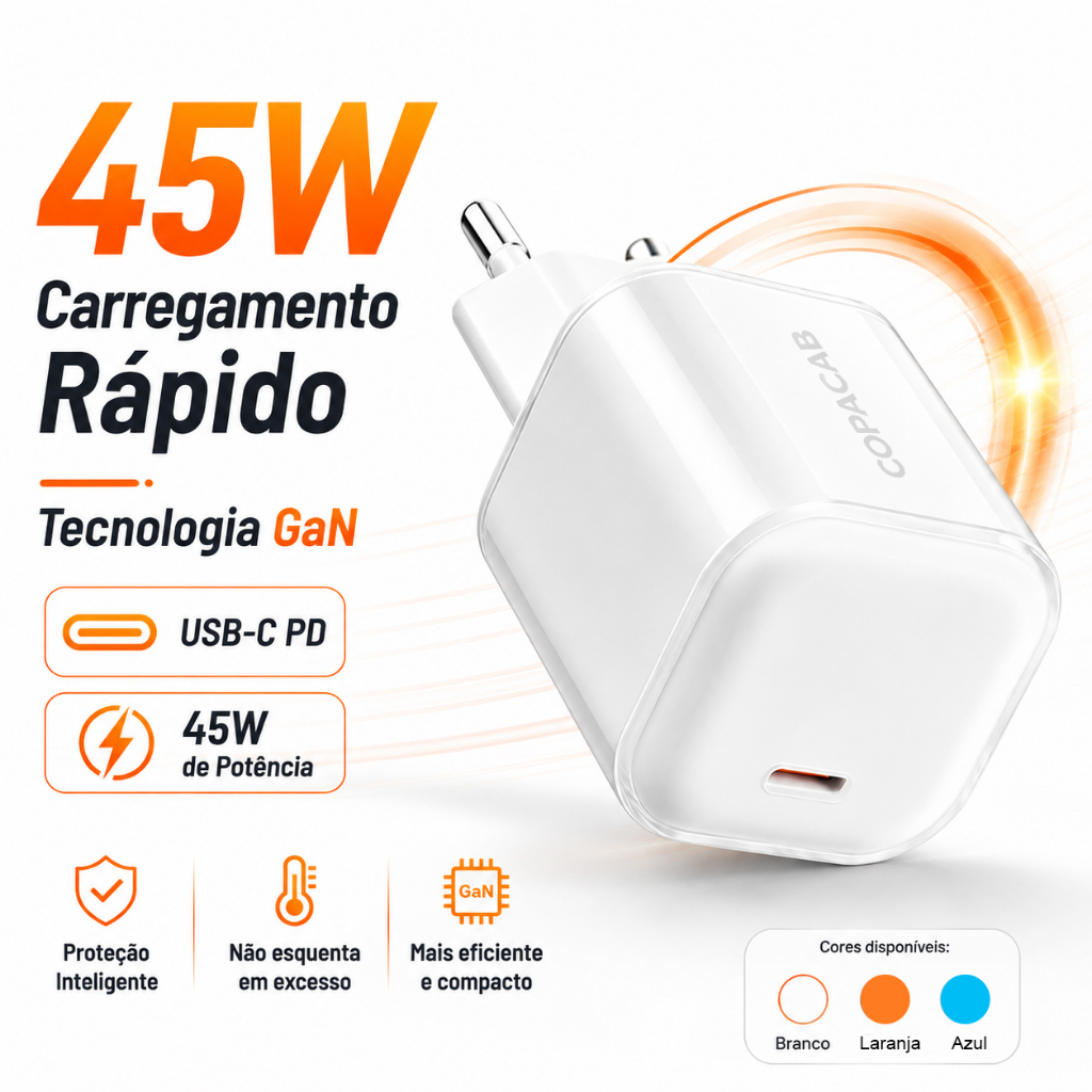 Carregador 45W GaN USB-C PD Carregamento Super Rápido Alta Potência Compatível com iPhone17 16e 15Plus 14 13 12 11Promax