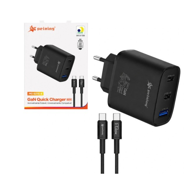 Kit Fonte Carregador de Celular peining Gan Tpc/Tpc 45W 3 Entradas com Caixinha Preto