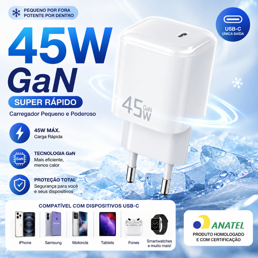 Carregador 45W PD GaN USB-C Super Rápido, Compacto e Não Esquenta para iPhone, iPad,Samsung, Motorola e Xiaomi