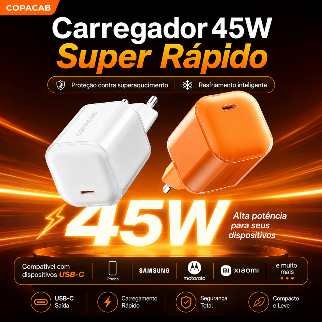 Carregador 45W USB-C PD Super Rápido GaN，Carregamento Rápido，Não esquenta，para iPhone,iPad, Samsung, Motorola e Xiaomi