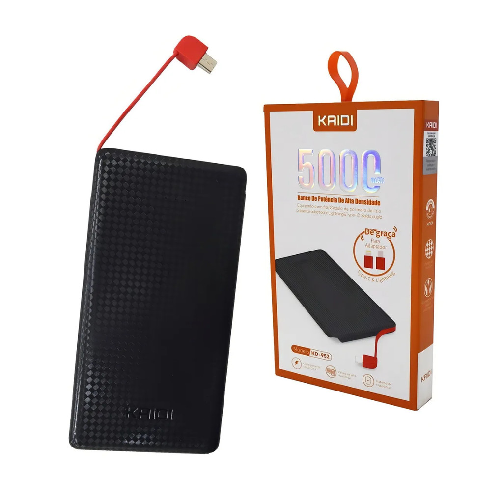 Power Bank Kaidi 5000mAh KD-952 com Adaptadores Type-C e Lightning Leve Prático e Portátil