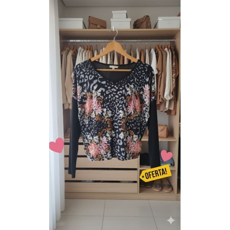 BRECHO Blusa M Malwee Manga Longa Mix Animal Print Floral Batinha Decote V
