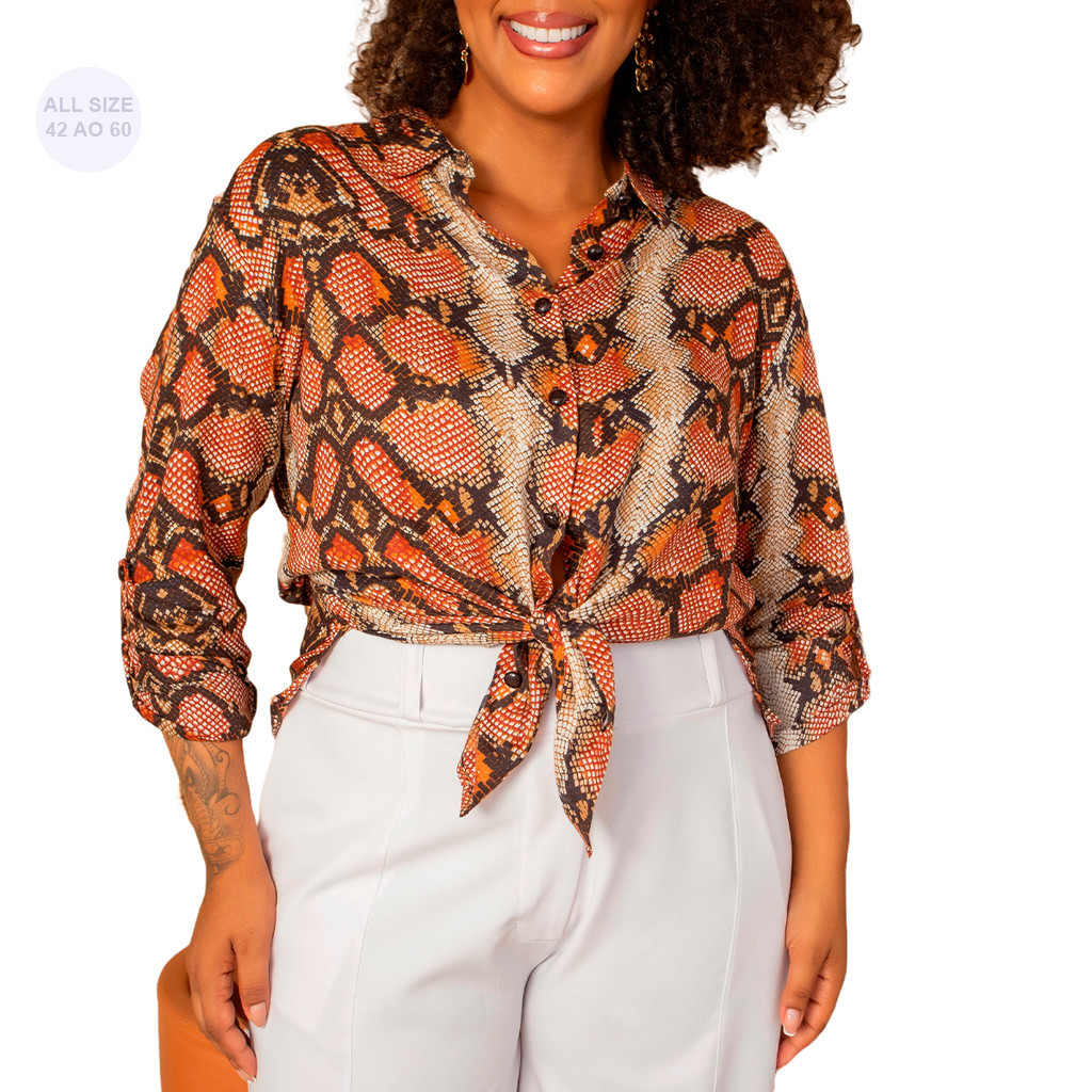 Camisa Social Feminina Plus Size estampa Animal Print Píton Viscose Confortável | Manga Longa tamanho do G1 ao G6 ao 58