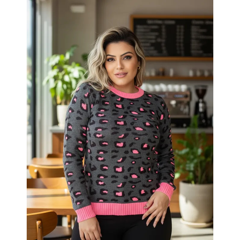 Blusa manga longa de tricô animal print