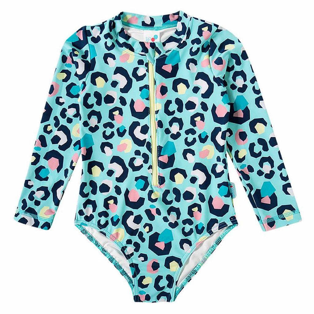 Maiô Body Infantil Manga Longa com Zíper Verde Água Animal Print Tip Top