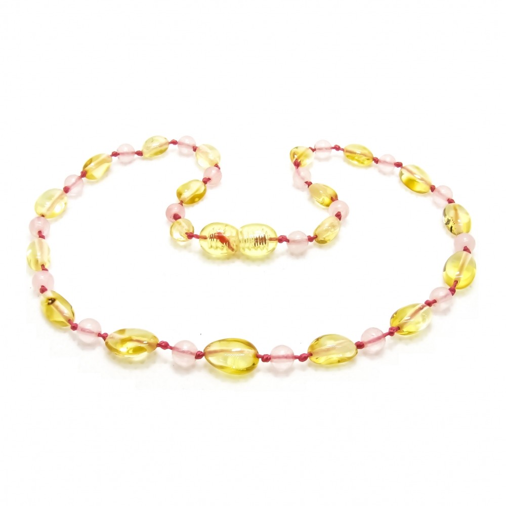Colar de âmbar para criança olive limão e quartzo rosa polido - 38cm