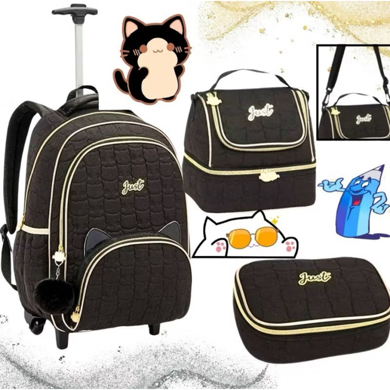 KIT MOCHILA DE RODINHA + LANCHEIRA + ESTOJO ESCOLAR POMPOM MATELASSE PINGENTE VIAGEM PASSEIO DENLEX