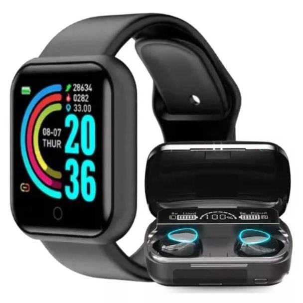 Relógio Smartwatch Digital D20 Unisex + Fone de Ouvido Sem Fio F9 Case Powerbank