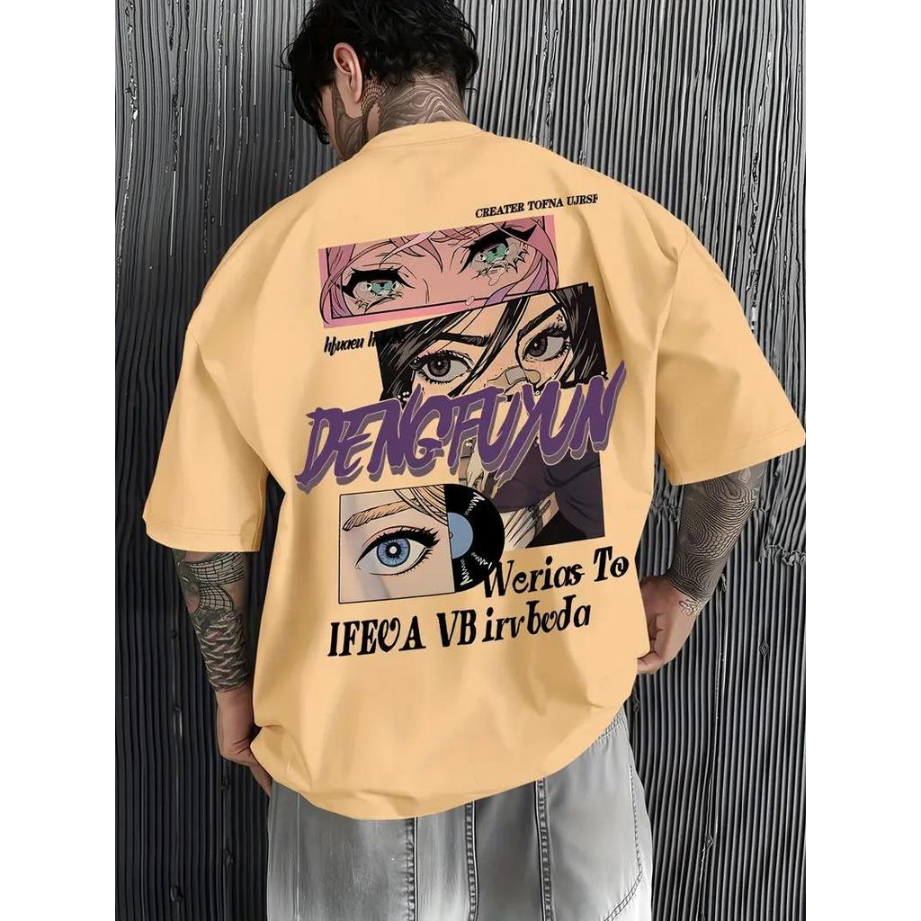 Camiseta Masculina Streetwear Algodão Penteado Infantil Adulto Plus Size Estampa Dengfun Olho Anime Cartoon