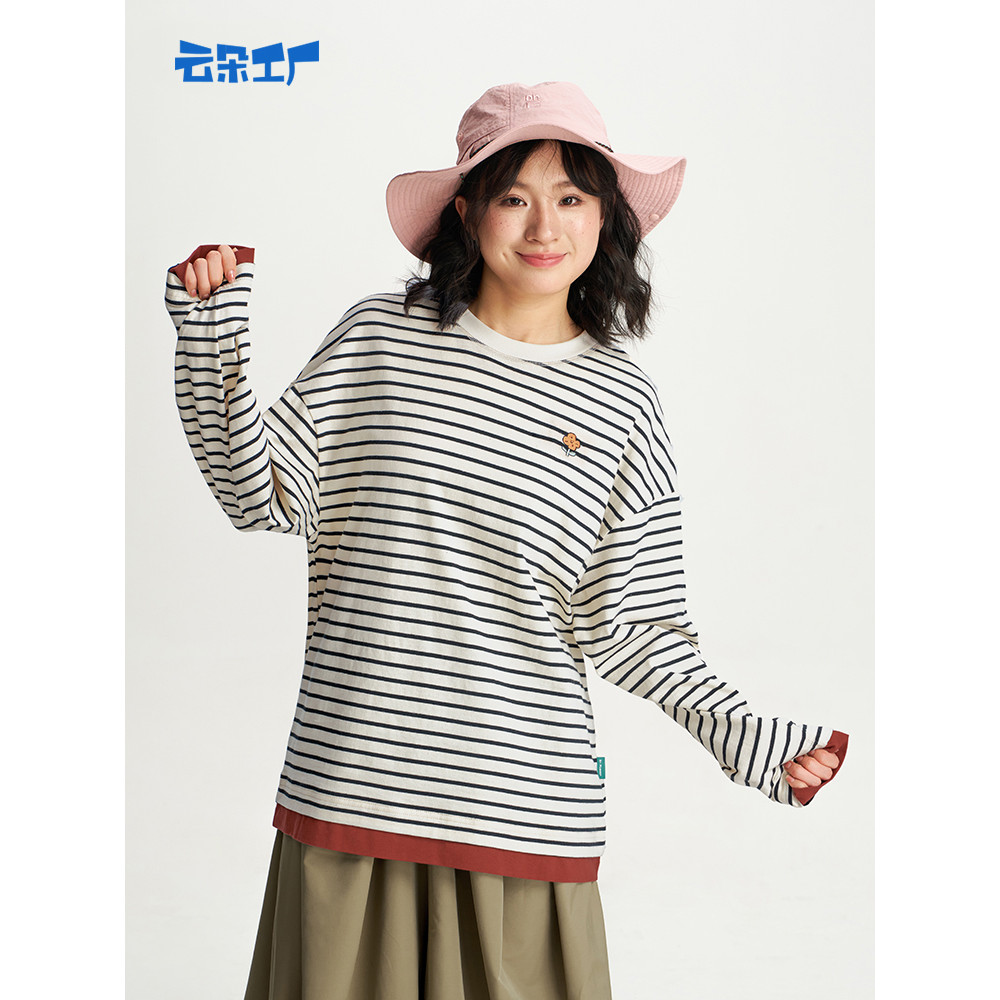 Cloud Factory Flower Scholar Color-Blocking Camiseta listrada de manga comprida feminina solta Casual todos