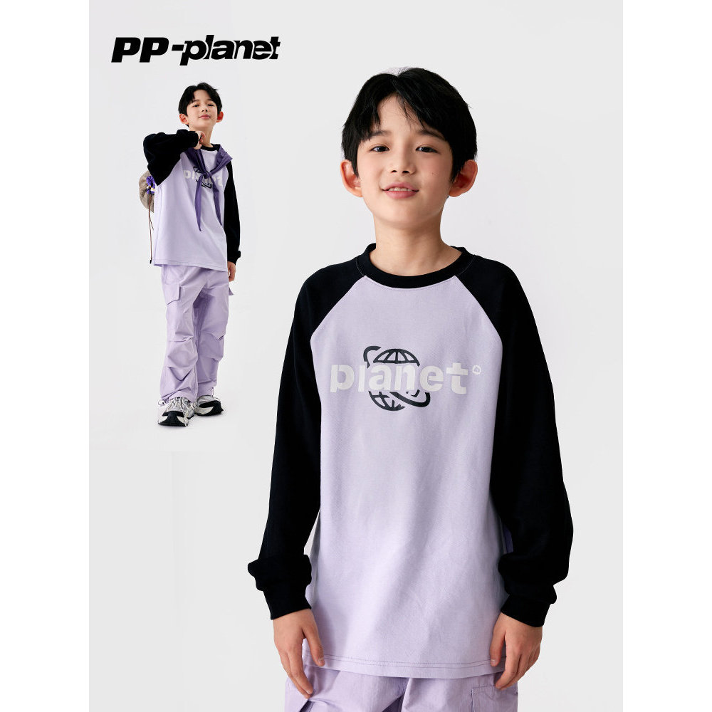 PP Planet Crianças Color-Blocking Manga Raglan Camiseta Longa Estilo Outono Meninos Médio Grande Crianças Moda Impresso