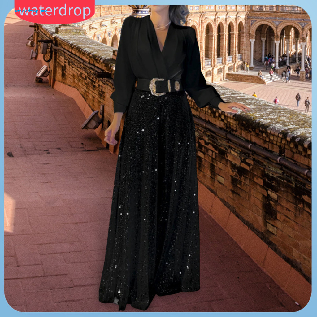 Lady Evening Wear Jumpsuit V Neck Wide Leg Long Sleeves Sequin Slim Waist Formal Party Banquet Full Length Elegant A-lin