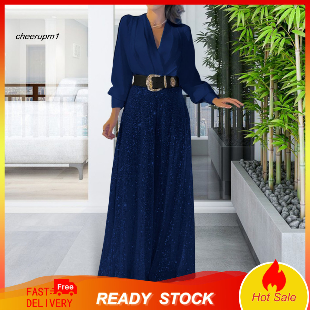 Sequined Jumpsuit Wide-leg Lady Evening Wear V Neck Wide Leg Long Sleeves Sequin Slim Waist Formal Party Banquet Full Le