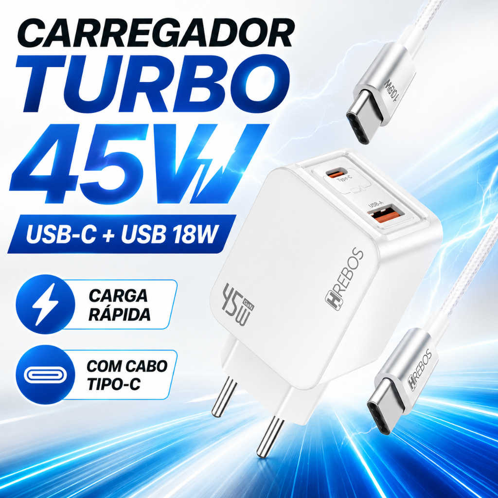 Carregador Turbo 45W Gan USB-C PD + USB 18W Com Cabo Tipo C Hrebos Premium