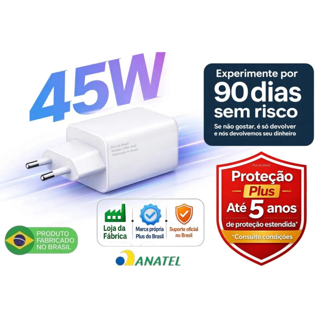 Plus Do Brasil Carregador Usb C Gan 45W Para Apple iPhone 17 16 15 Pro Max iPad Macbook Galaxy Book PD PPS BR