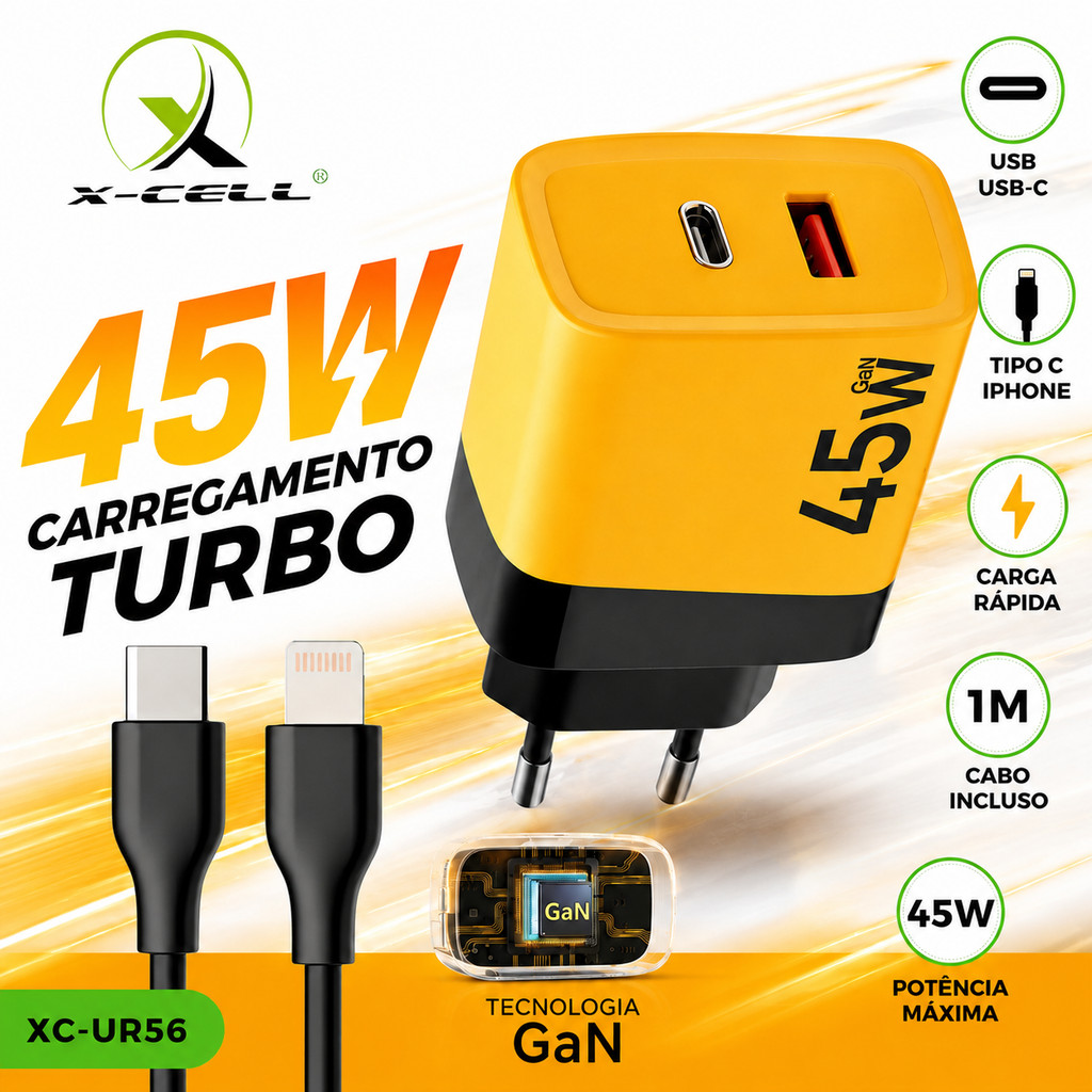 Carregador Turbo X-Cell 45W GaN PD QC USB-C USB-A + Cabo Lightning iPhone iPad XC-UR56